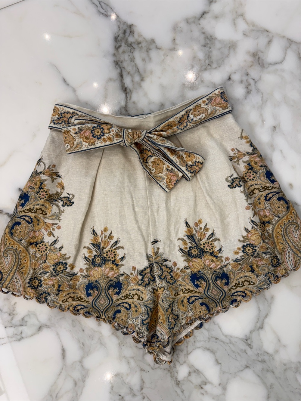 Zimmermann Cream Paisley Tie-Waist High-Waist Shorts with Gold & Navy Accents